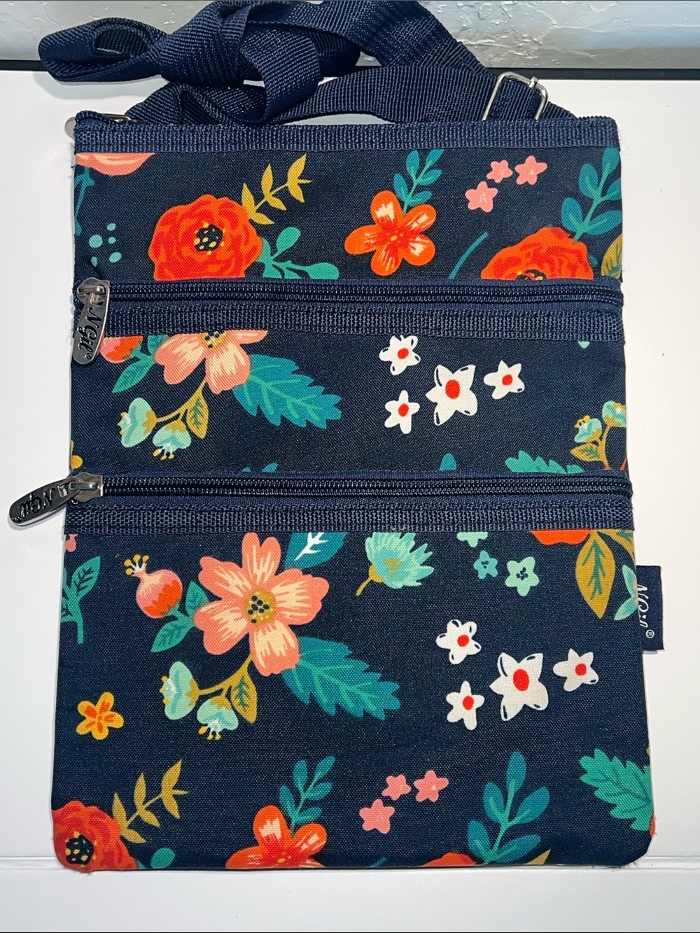 NIGL Navy Floral Triple-Zip Crossbody Bag